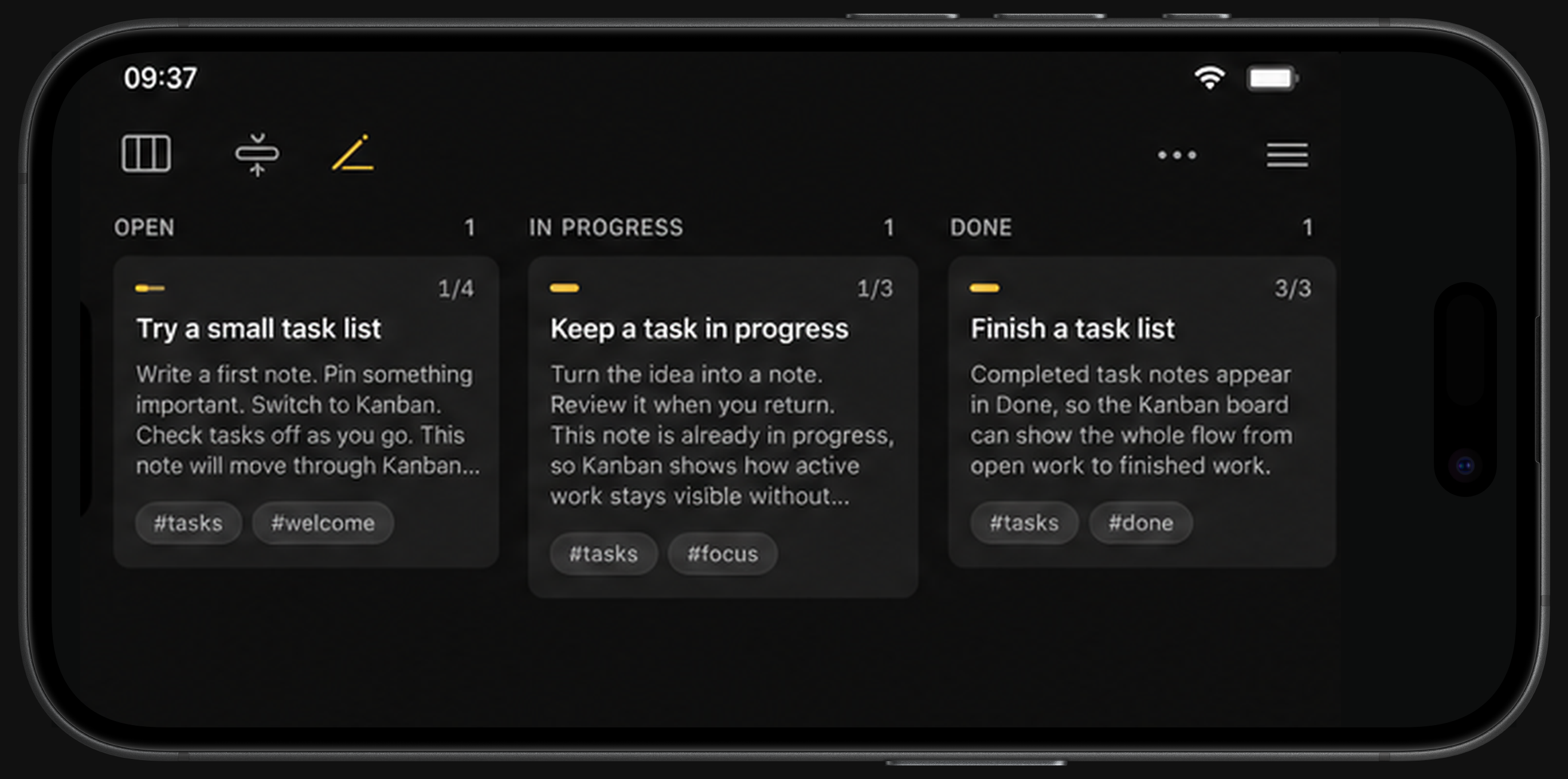 IOTHS Kanban in note mode, with note cards in Open, In Progress, and Done lanes