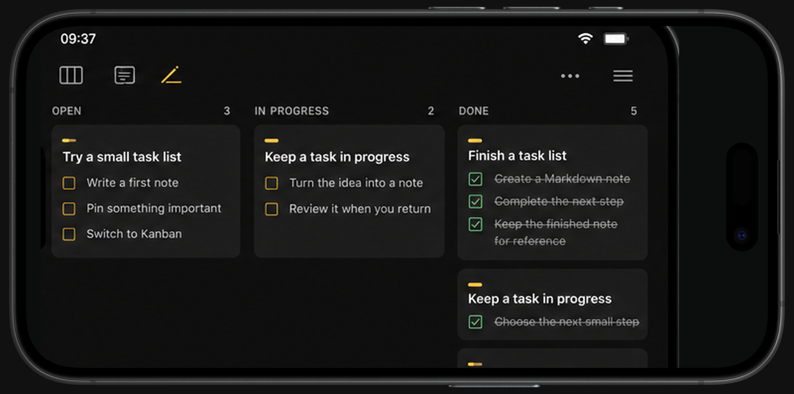 IOTHS Kanban in task mode, with individual tasks grouped under their source notes