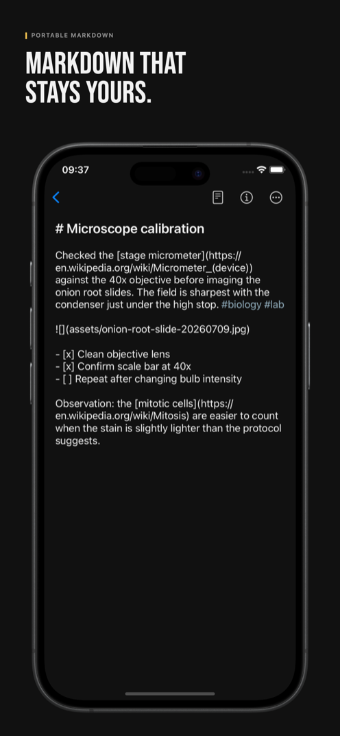 IOTHS raw Markdown editor on iPhone, showing portable Markdown source