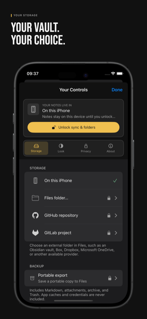 IOTHS Storage setup on iPhone with on-device, Files folder, GitHub, GitLab, and portable export options